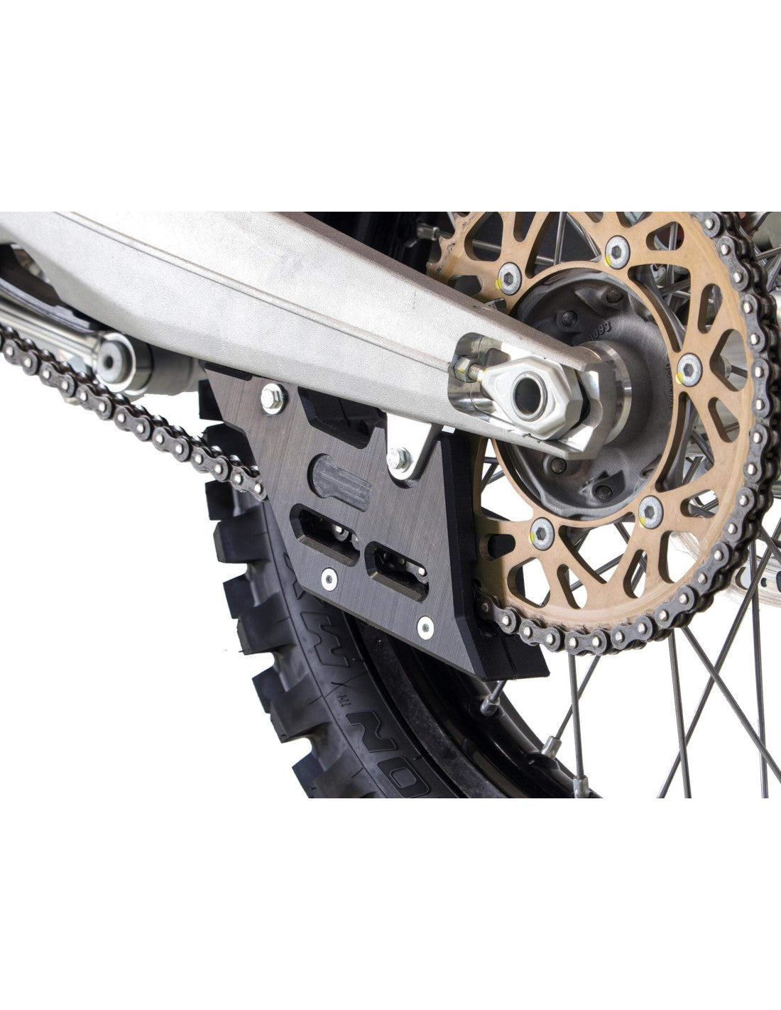 Side view of the black chain guide in UHMW plastic for Ducati Desmo450 MX