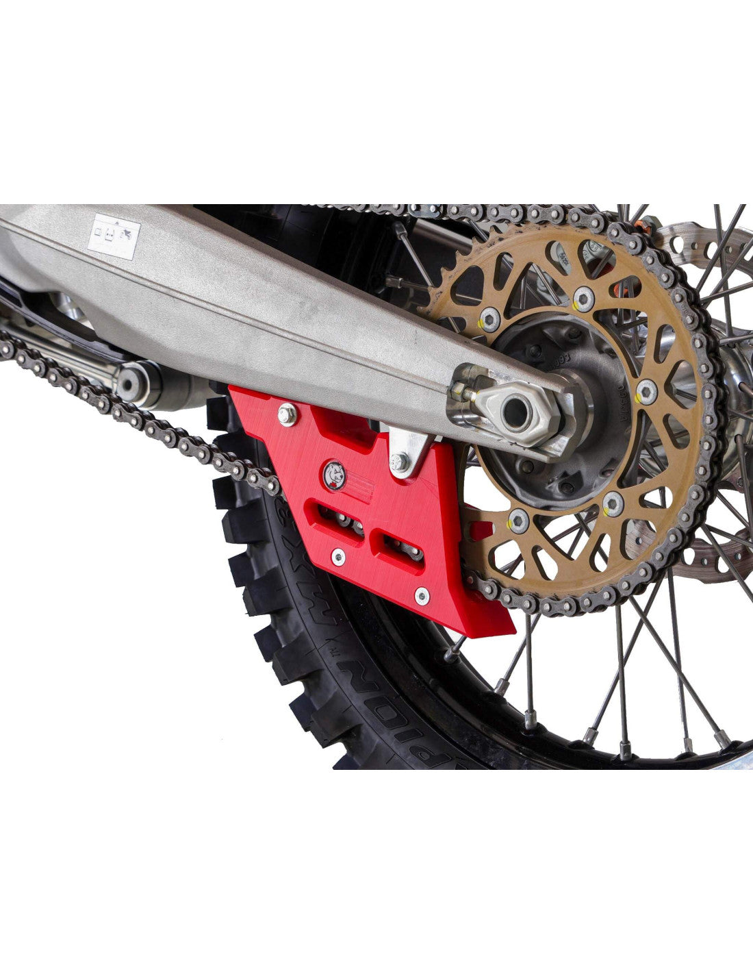 Side view of the red chain guide in UHMW plastic for Ducati Desmo450 MX