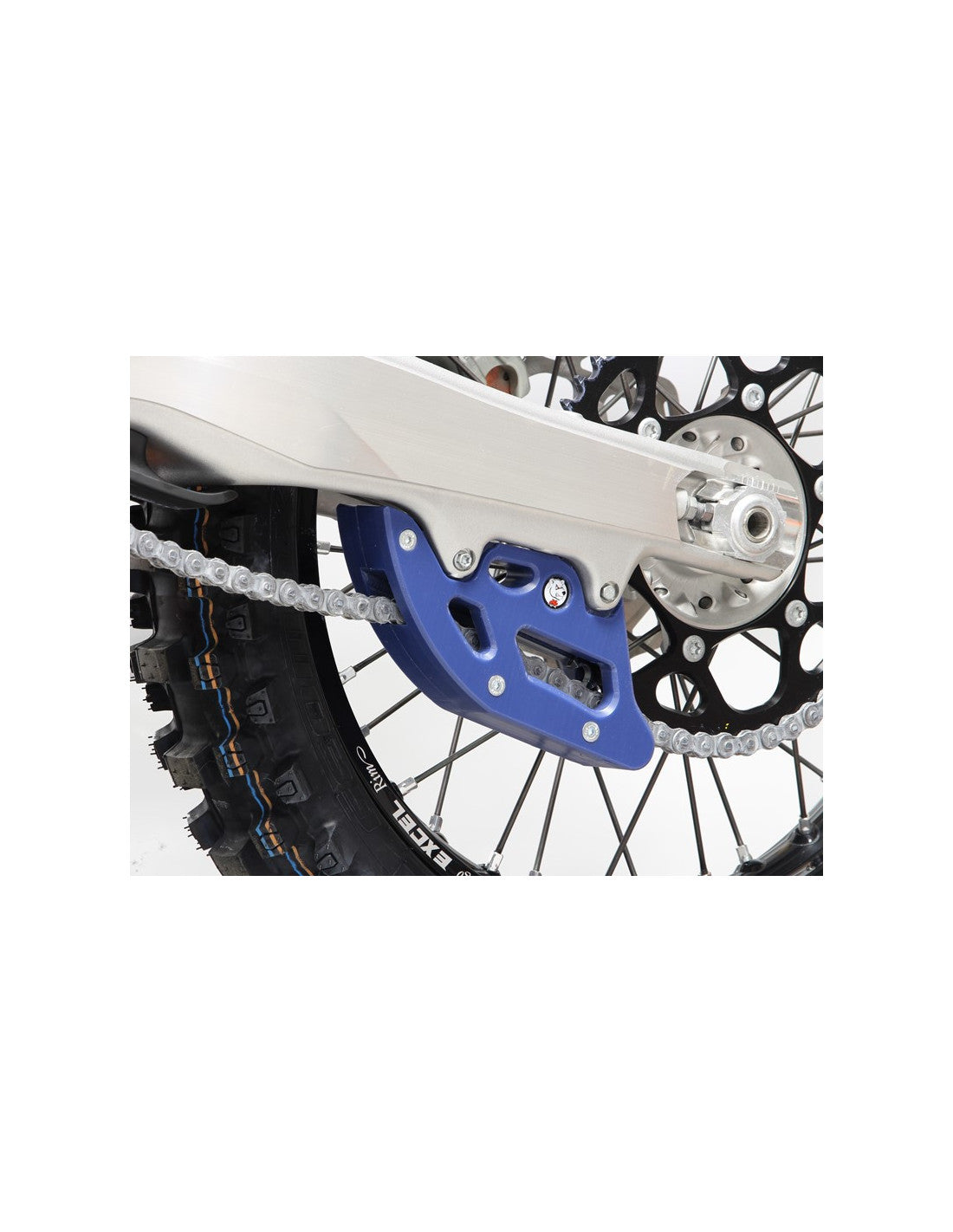 Vue avant du guide chaine bleu en plastique UHMW pour Husqvarna