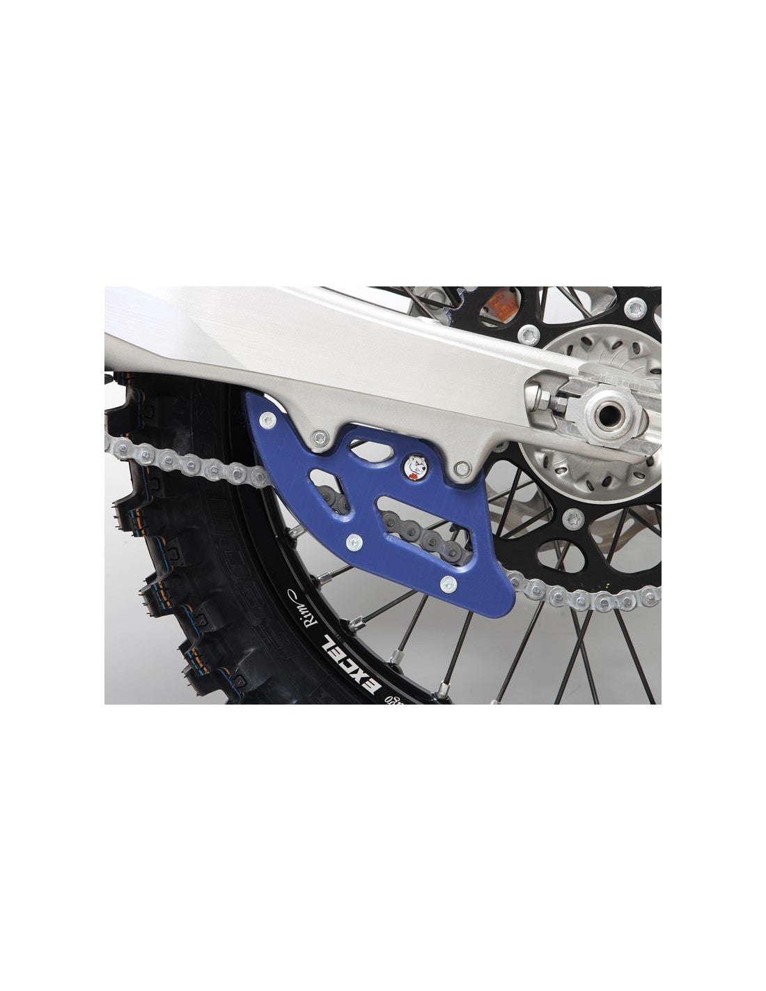 Side view of the blue chain guide in UHMW plastic for Husqvarna