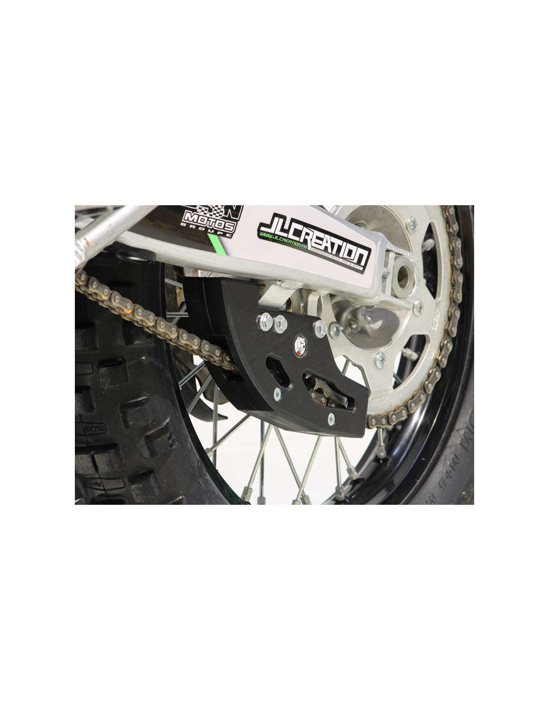 Vue avant du guide chaine noir en plastique UHMW pour Kawasaki KX250 et KX450