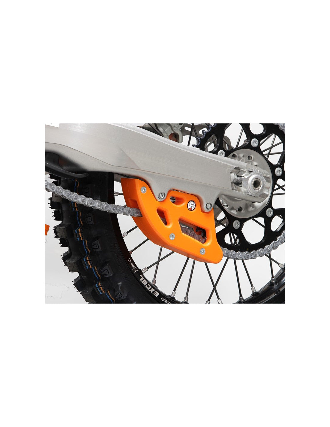 Side view of the orange chain guide in UHMW plastic for KTM