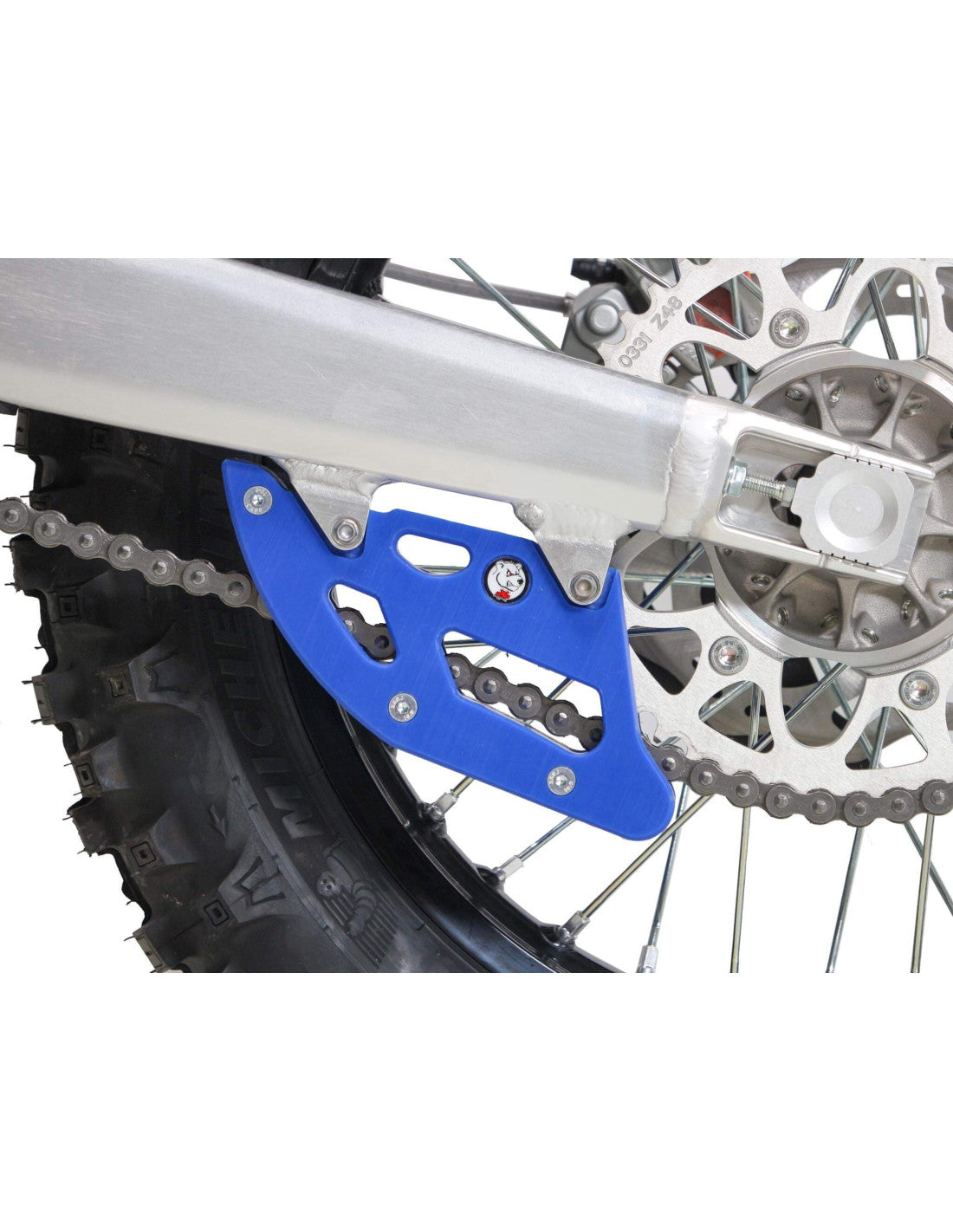 Vue latérale du guide chaine bleu en plastique UHMW pour Sherco 2T