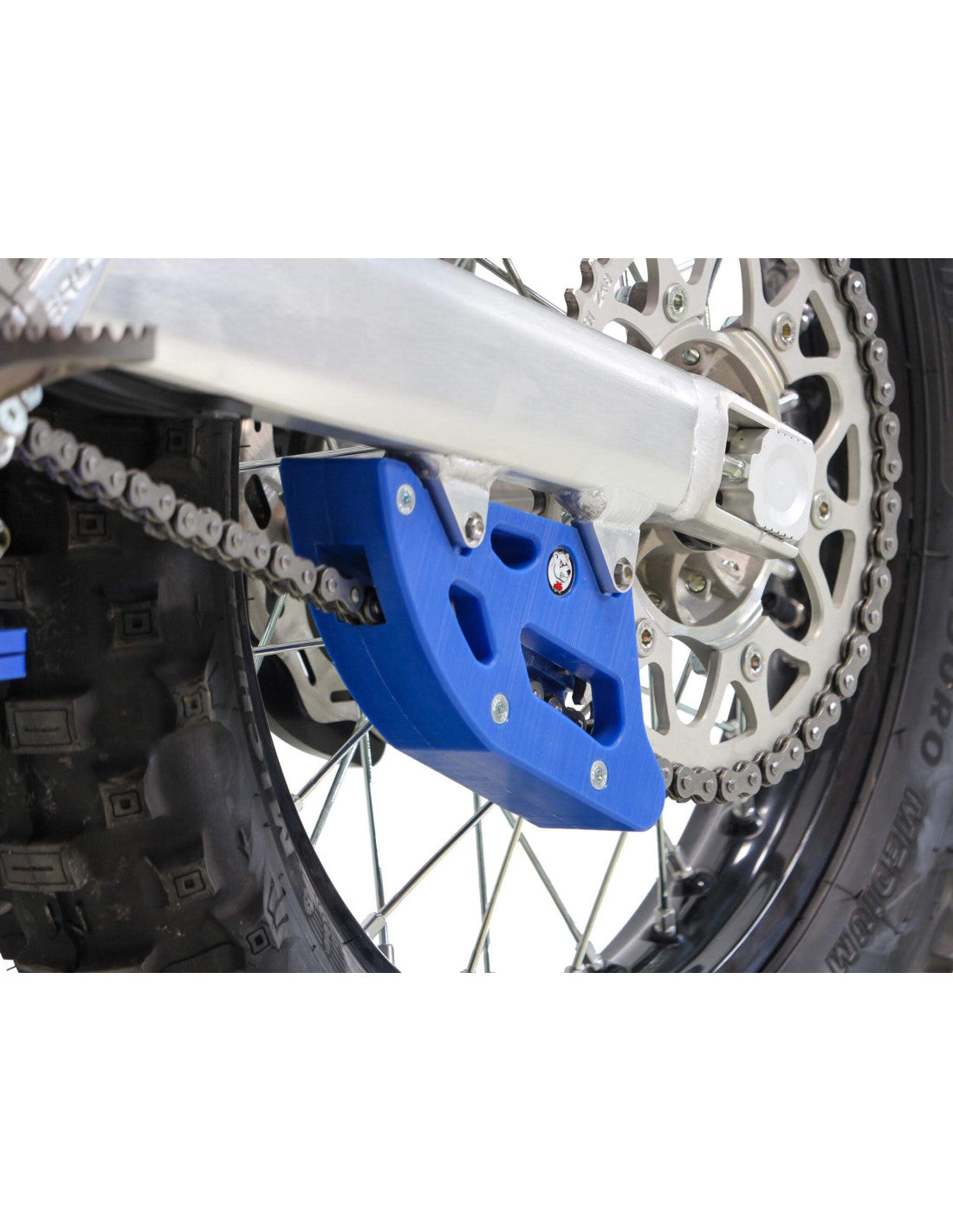 Front view of the blue chain guide in UHMW plastic for Sherco 2T