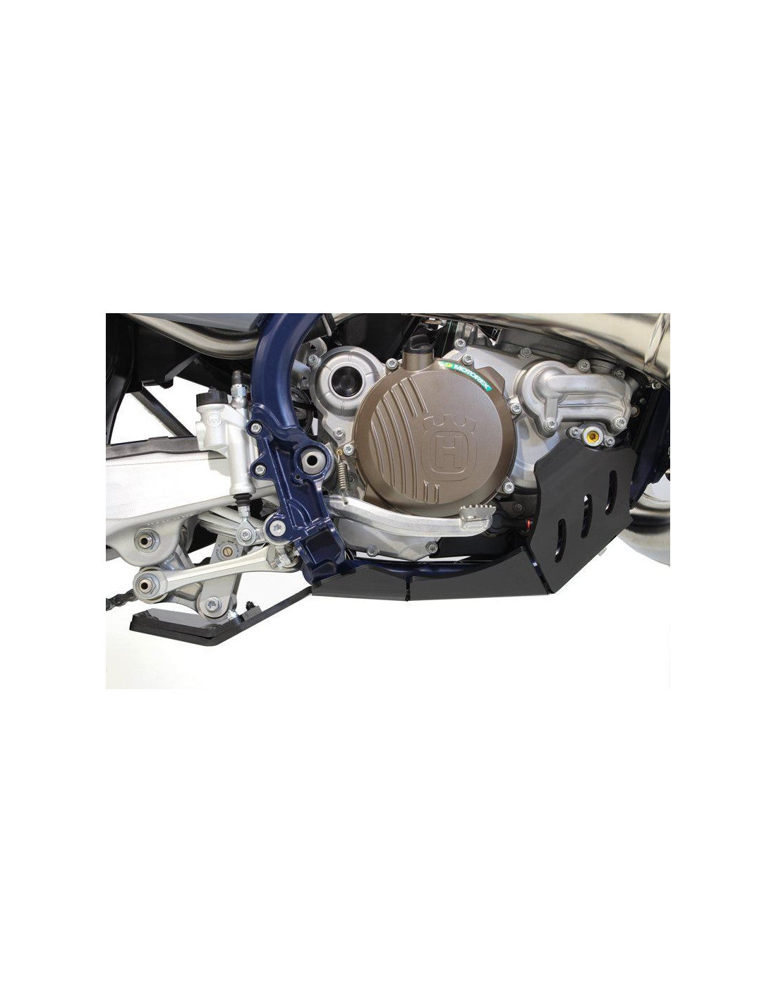 Left side of the black HDPE plastic skid plate with linkage guard for GasGas - Husqvarna