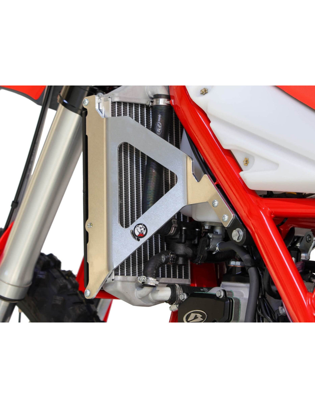 Radiator guards in aluminum with red spacers and removable plastic plate for Beta 250 and 300 Xtrainer
