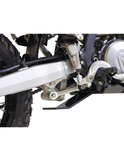 Close up view of the black 8mm thick HDPE plastic skid plate with linkage guard for Suzuki DRZ-4S