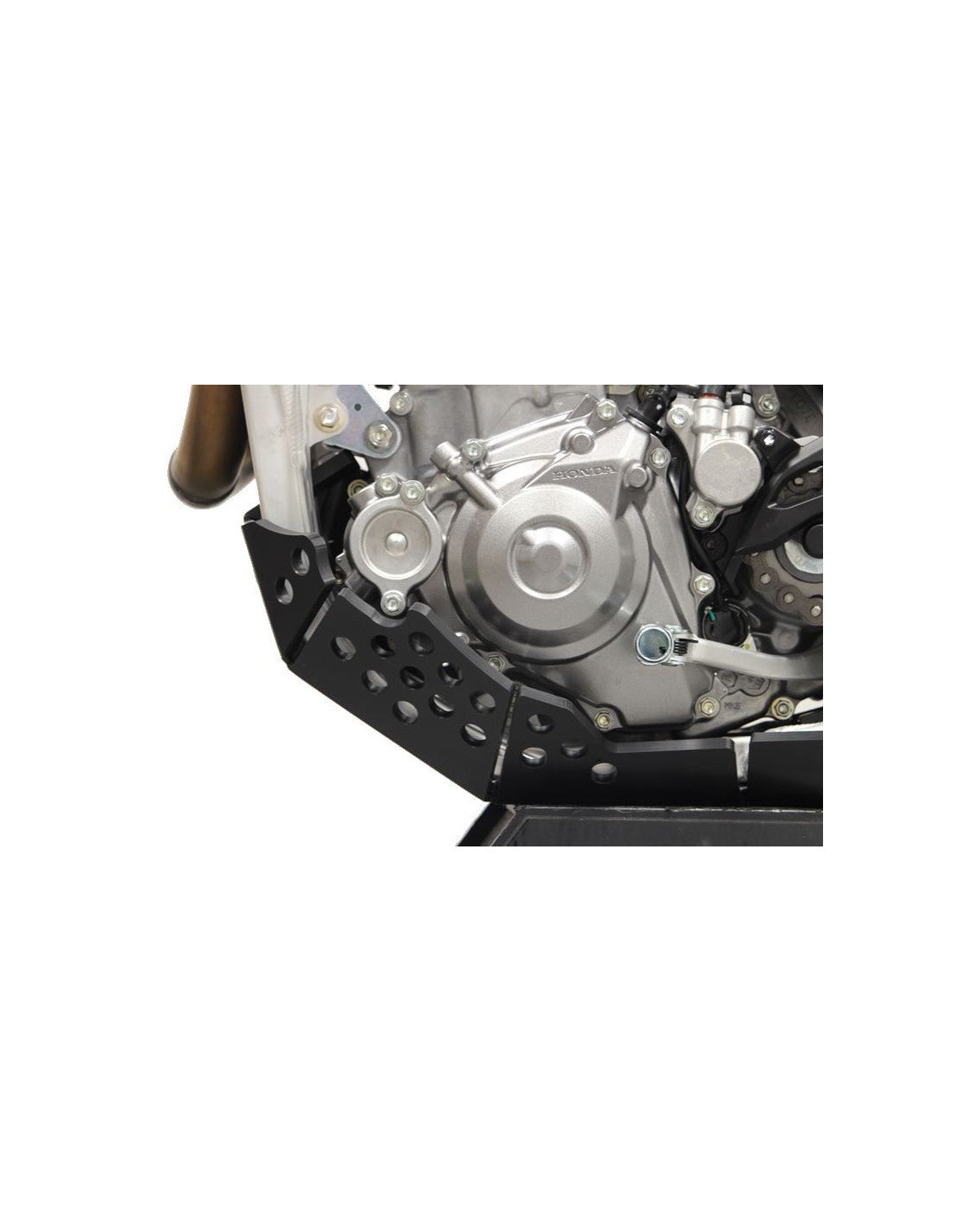 Vue rapprochée de la protection de carter gauche du sabot en plastique PEHD pour Honda CRF450R