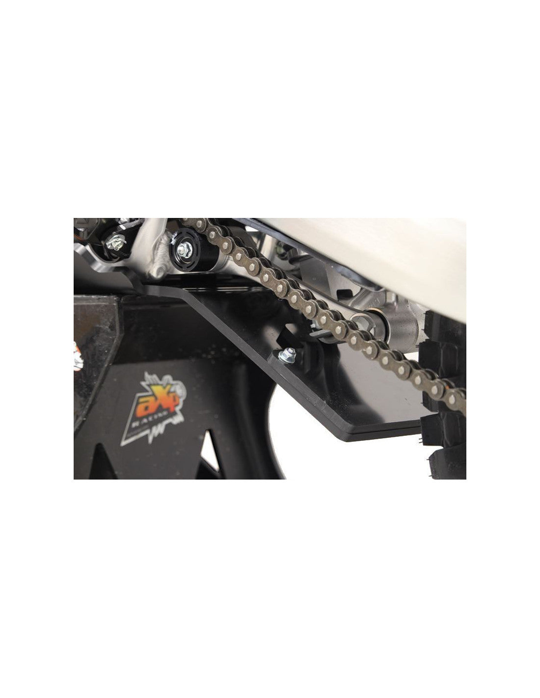 Close up view of the linkage guard of the black HDPE plastic skid plate for Honda CRF450R