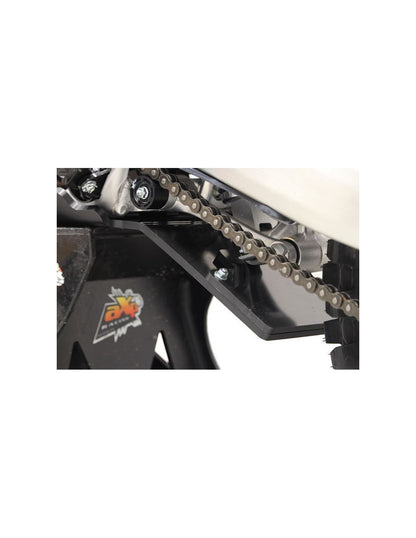 Close up view of the linkage guard of the black HDPE plastic skid plate for Honda CRF450R