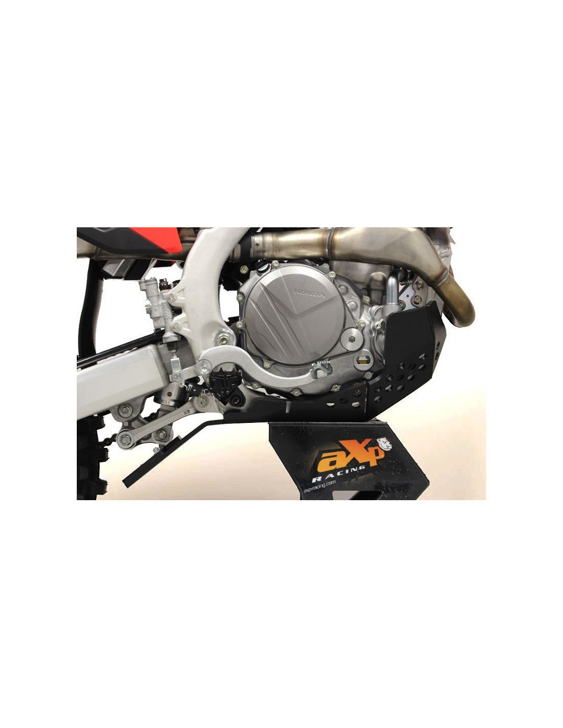 Right side of the black HDPE plastic skid plate with linkage guard for Honda CRF450R