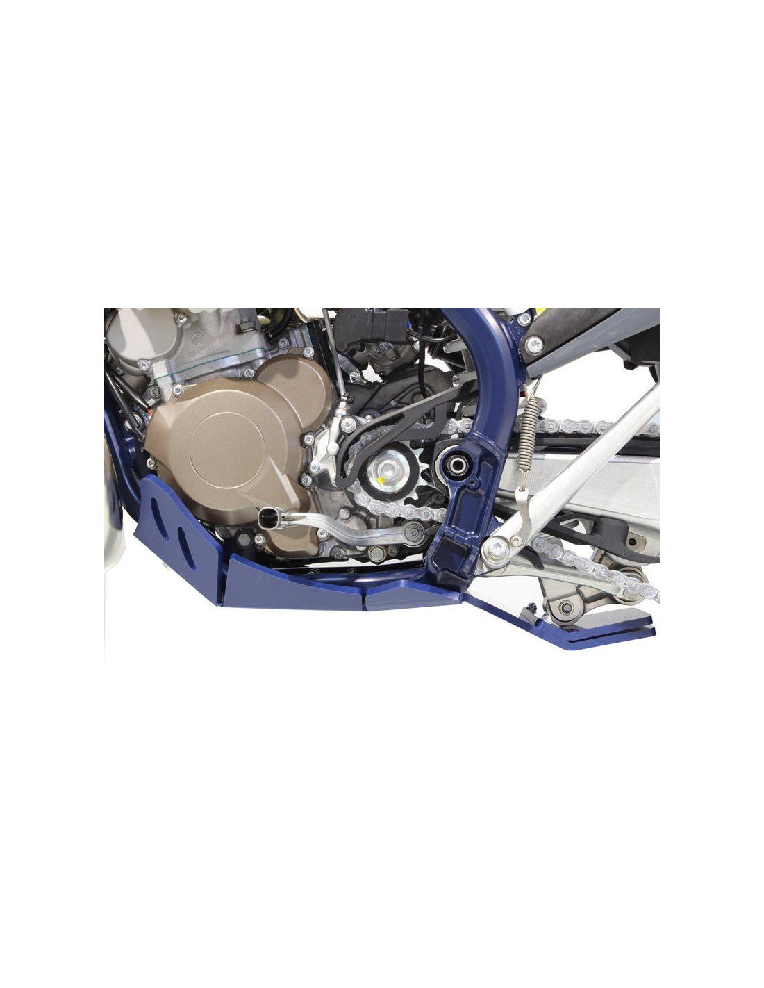 Left side of the blue HDPE plastic skid plate with linkage guard for Husqvarna TE250i - TE300i