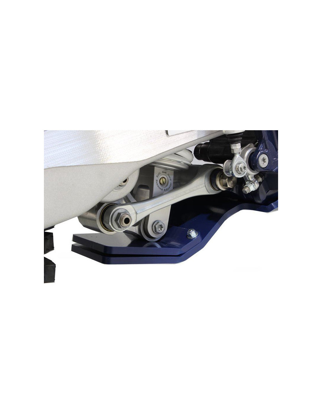Vue rapprochée de la protection de biellette du sabot bleu en plastique PEHD avec protection de biellette pour Husqvarna TE250i 