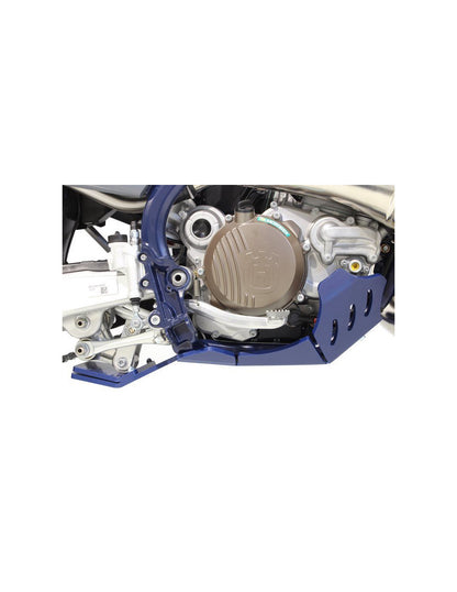 Right side of the blue HDPE plastic skid plate with linkage guard for Husqvarna TE250i - TE300i