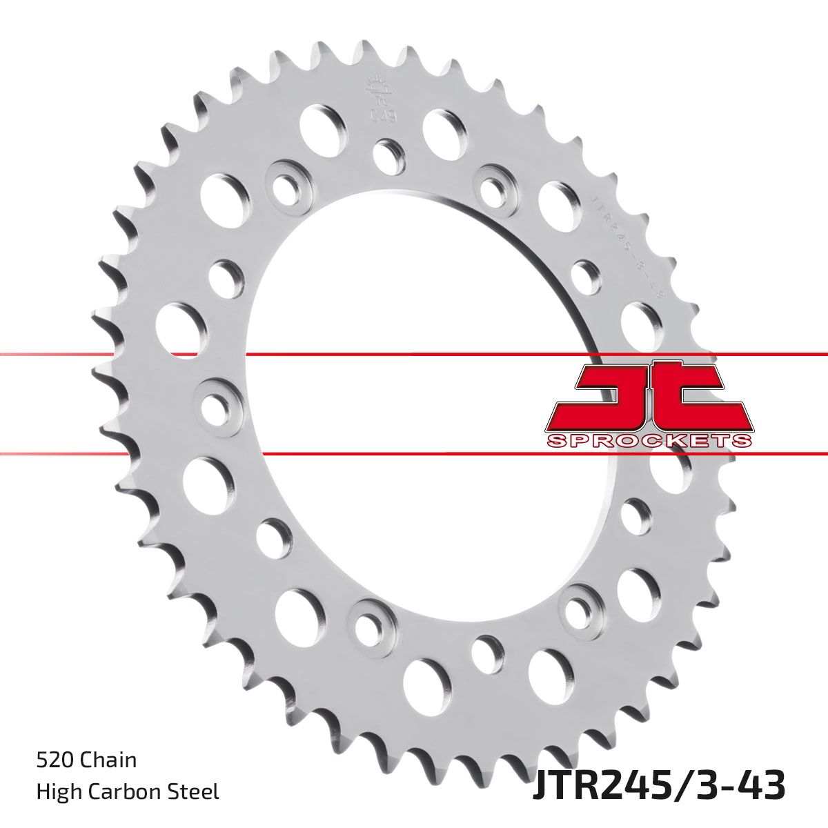 JT SPROCKETS JTR245/3.43 REAR REPLACEMENT SPROCKET 43 TEETH 520 PITCH NATURAL C49 HIGH CARBON STEEL JTR245/3.43