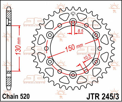 JT SPROCKETS JTR245/3.43 REAR REPLACEMENT SPROCKET 43 TEETH 520 PITCH NATURAL C49 HIGH CARBON STEEL JTR245/3.43