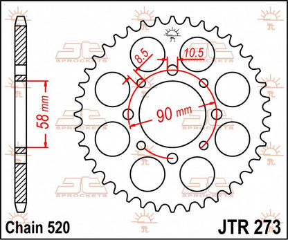 JT SPROCKETS JTR273.44 REAR REPLACEMENT SPROCKET 44 TEETH 520 PITCH NATURAL STEEL JTR273.44