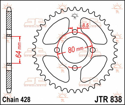 JT SPROCKETS JTR838.45 REAR REPLACEMENT SPROCKET 45 TEETH 428 PITCH NATURAL STEEL JTR838.45