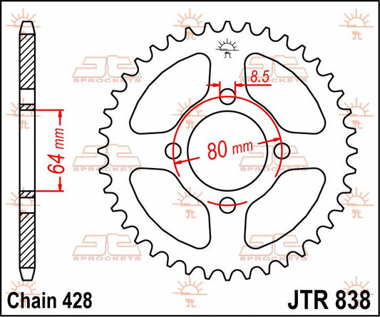 JT SPROCKETS JTR838.45 REAR REPLACEMENT SPROCKET 45 TEETH 428 PITCH NATURAL STEEL JTR838.45