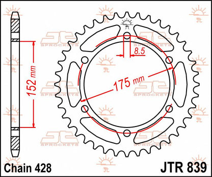 JT SPROCKETS JTR839.55 REAR REPLACEMENT SPROCKET 55 TEETH 428 PITCH NATURAL STEEL JTR839.55