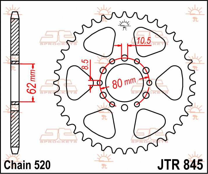 JT SPROCKETS JTR845.40 REAR REPLACEMENT SPROCKET 40 TEETH 520 PITCH NATURAL STEEL JTR845.40