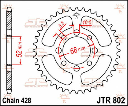 JT SPROCKETS JTR802.38 REAR REPLACEMENT SPROCKET 38 TEETH 428 PITCH NATURAL C49 HIGH CARBON STEEL JTR802.38