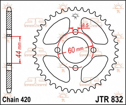 JT SPROCKETS JTR832.38 REAR REPLACEMENT SPROCKET 38 TEETH 420 PITCH NATURAL C49 HIGH CARBON STEEL JTR832.38