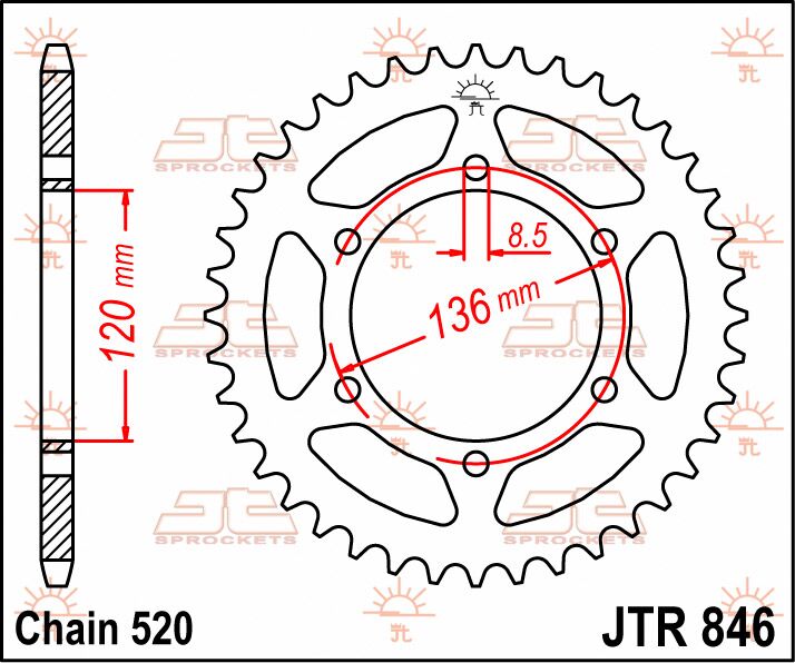 JT SPROCKETS JTR846.39 REAR REPLACEMENT SPROCKET 39 TEETH 520 PITCH NATURAL C49 HIGH CARBON STEEL JTR846.39