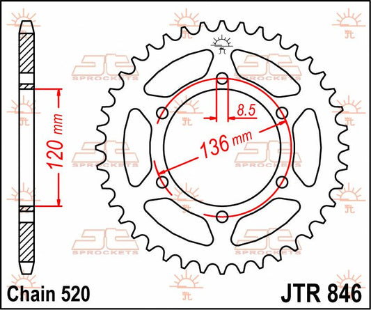 JT SPROCKETS JTR846.39 REAR REPLACEMENT SPROCKET 39 TEETH 520 PITCH NATURAL C49 HIGH CARBON STEEL JTR846.39