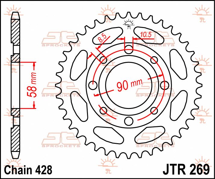 JT SPROCKETS JTR269.40 REAR REPLACEMENT SPROCKET 40 TEETH 428 PITCH NATURAL C49 HIGH CARBON STEEL JTR269.40