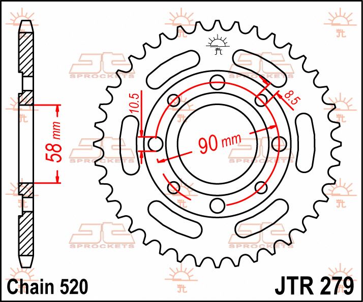 JT SPROCKETS JTR279.40 REAR REPLACEMENT SPROCKET 40 TEETH 520 PITCH NATURAL C49 HIGH CARBON STEEL JTR279.40