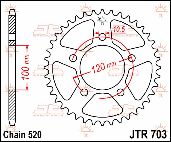 JT SPROCKETS JTR703.44 REAR REPLACEMENT SPROCKET 44 TEETH 520 PITCH NATURAL C49 HIGH CARBON STEEL JTR703.44