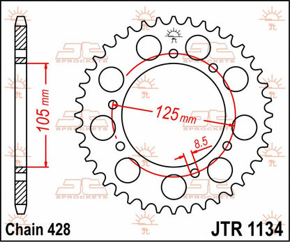 JT SPROCKETS JTR1134.54 REAR REPLACEMENT SPROCKET 54 TEETH 428 PITCH NATURAL C49 HIGH CARBON STEEL JTR1134.54