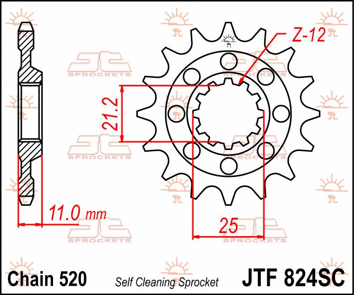 JT SPROCKETS JTF824.13SC FRONT SELF CLEANING SPROCKET 13 TEETH 520 PITCH NATURAL CHROMOLY STEEL ALLOY JTF824.13SC