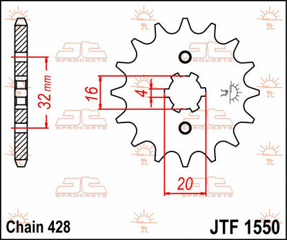 JT SPROCKETS JTF1550.14 FRONT REPLACEMENT SPROCKET 14 TEETH 428 PITCH NATURAL CHROMOLY STEEL ALLOY JTF1550.14