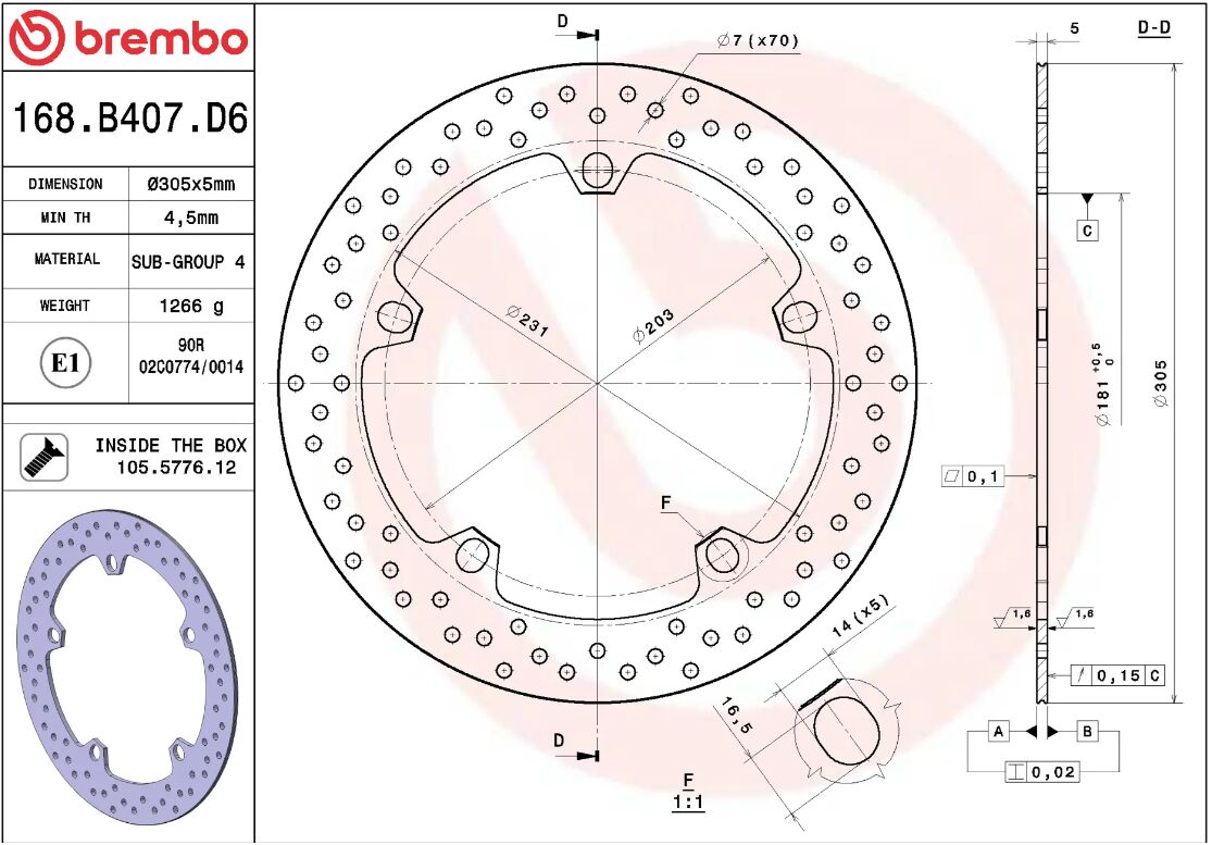 BREMBO BRAKE ROTOR FIXED SERIE ORO 168B407D6
