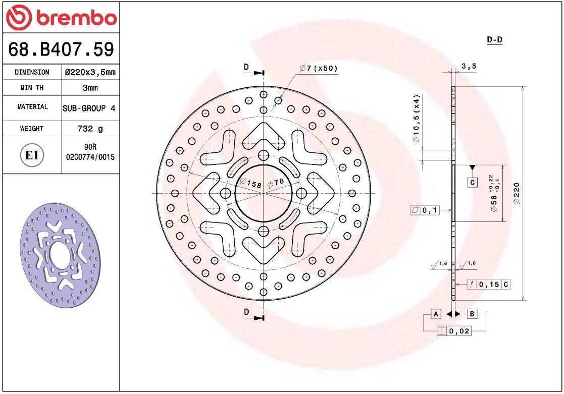 BREMBO BRAKE ROTOR FIXED SERIE ORO 68B40759