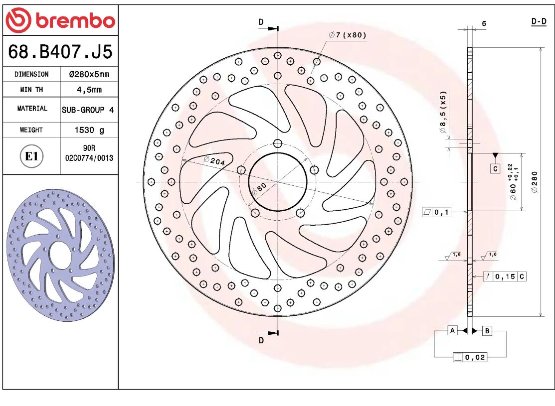 BREMBO BRAKE ROTOR FIXED SERIE ORO 68B407J5