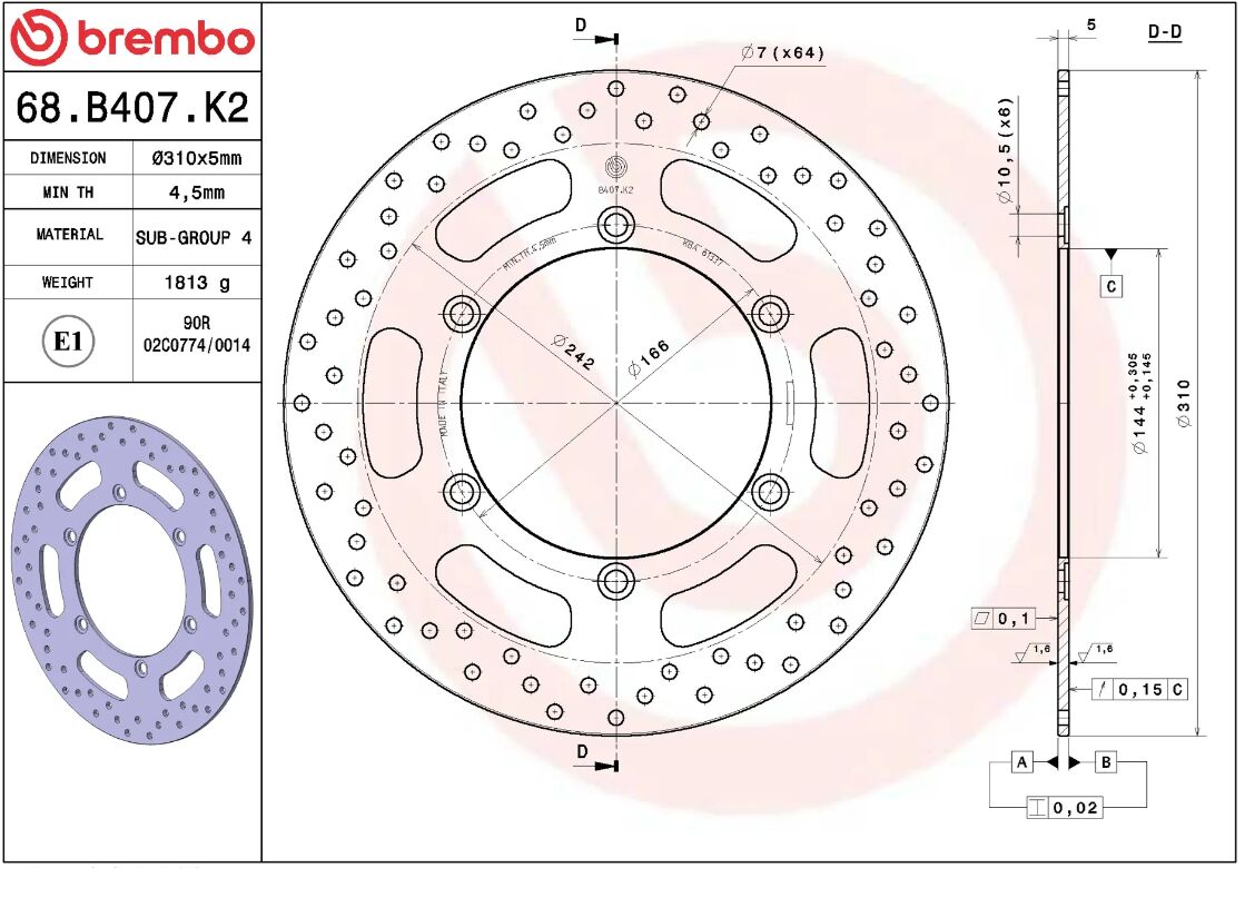 BREMBO BRAKE ROTOR FIXED SERIE ORO 68B407K2