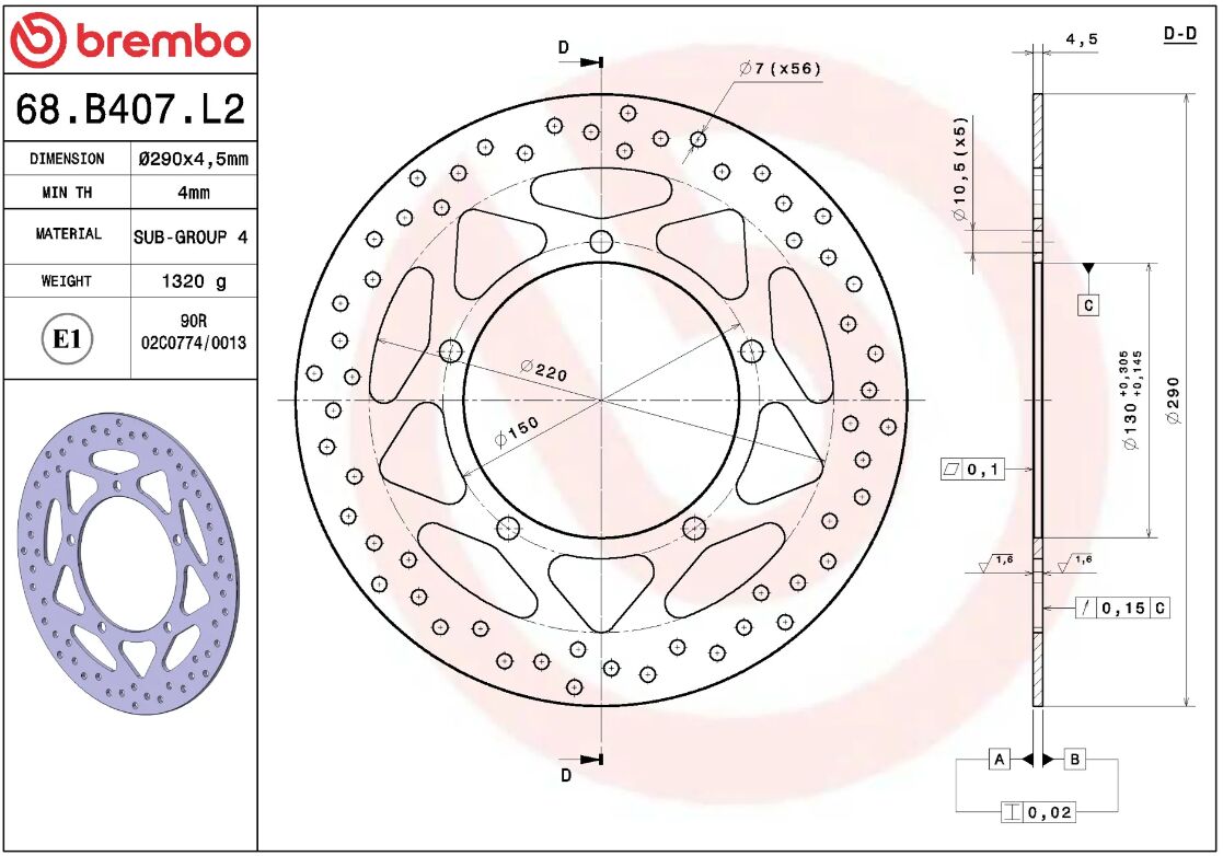 BREMBO BRAKE ROTOR FIXED SERIE ORO 68B407L2