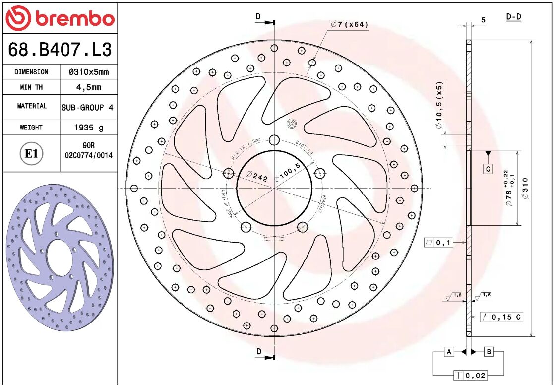 BREMBO BRAKE ROTOR FIXED SERIE ORO 68B407L3