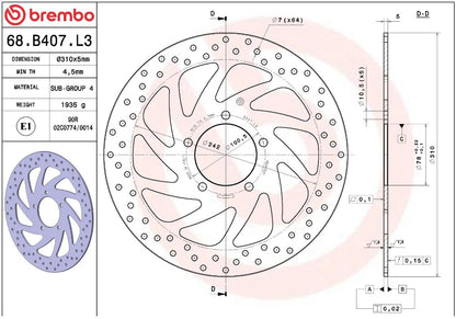 BREMBO BRAKE ROTOR FIXED SERIE ORO 68B407L3
