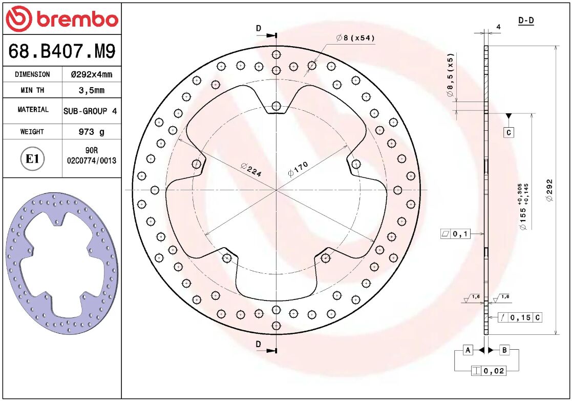 BREMBO BRAKE ROTOR FIXED SERIE ORO 68B407M9
