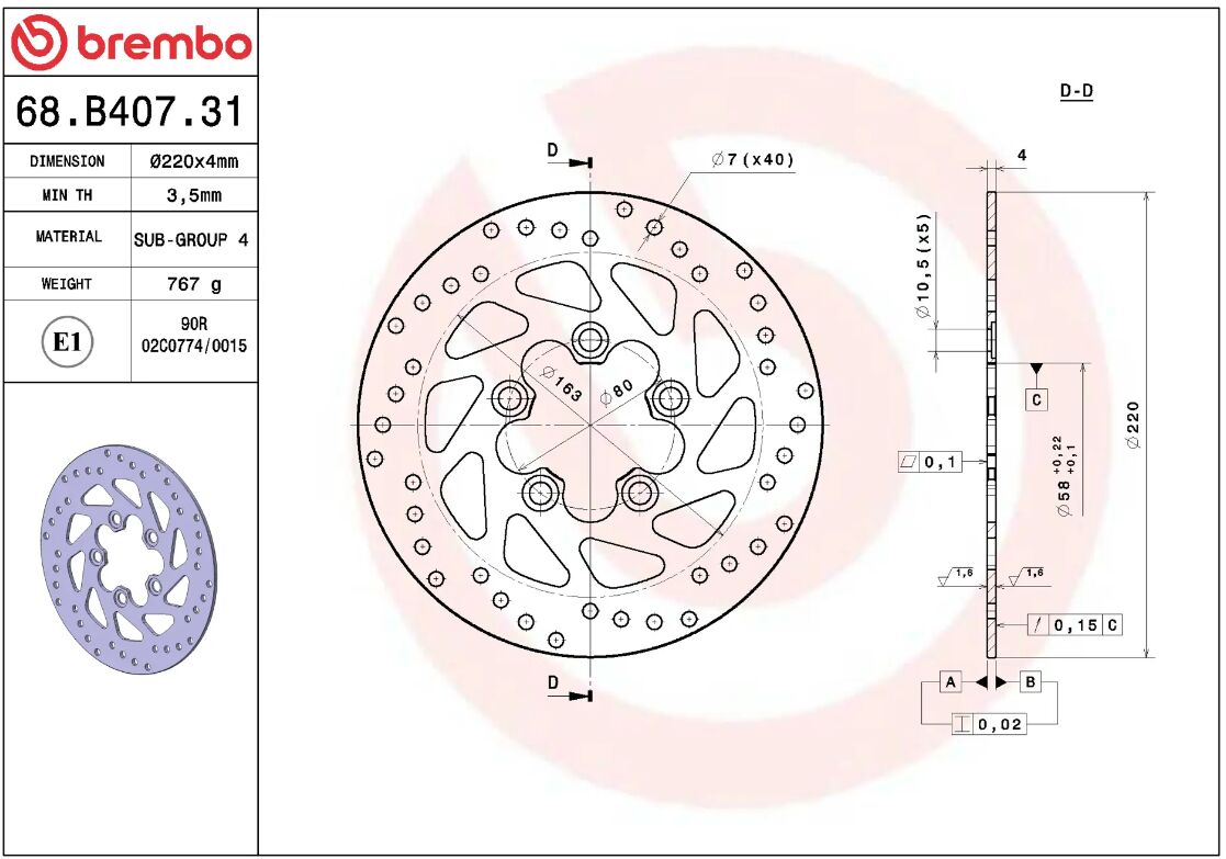 BREMBO BRAKE ROTOR FIXED SERIE ORO 68B40731