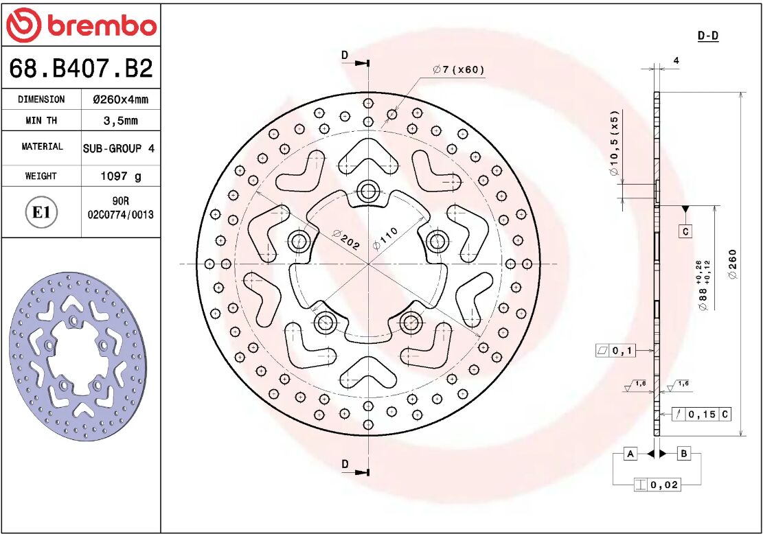 BREMBO BRAKE ROTOR FIXED SERIE ORO 68B407B2