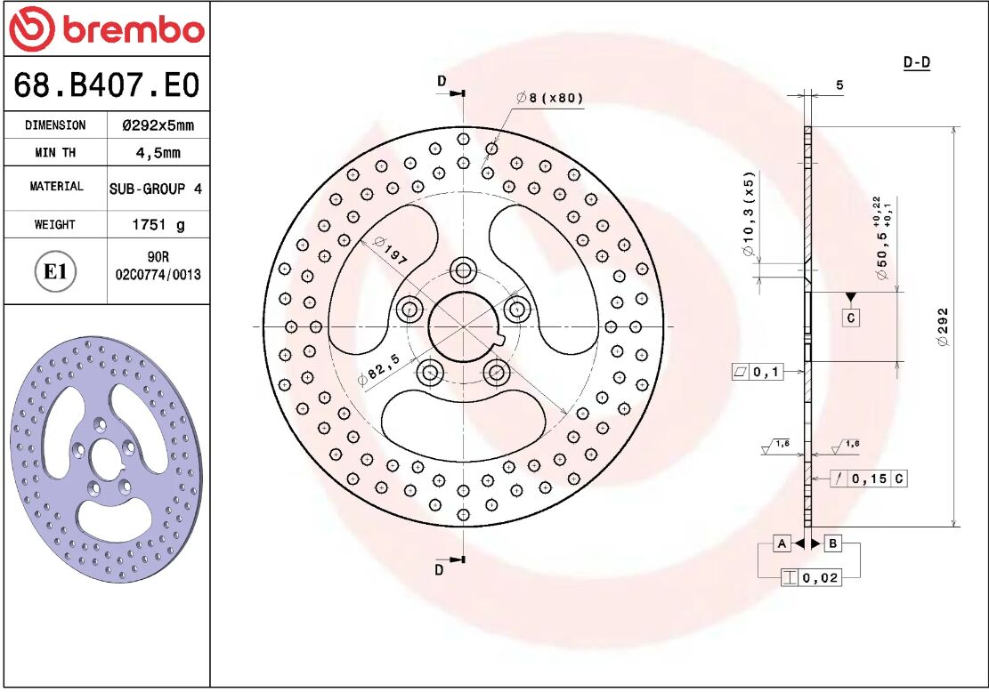 BREMBO BRAKE ROTOR FIXED SERIE ORO 68B407E0