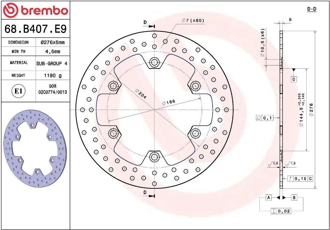BREMBO BRAKE ROTOR FIXED SERIE ORO 68B407E9