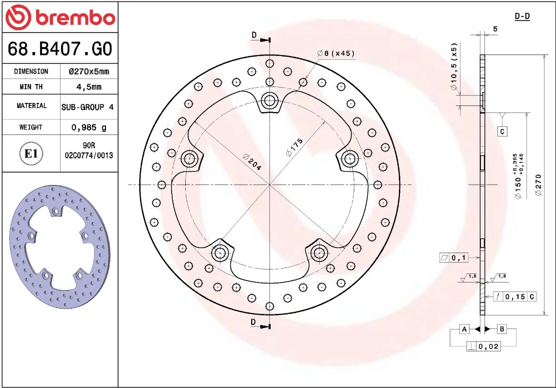 BREMBO BRAKE ROTOR FIXED SERIE ORO 68B407G0
