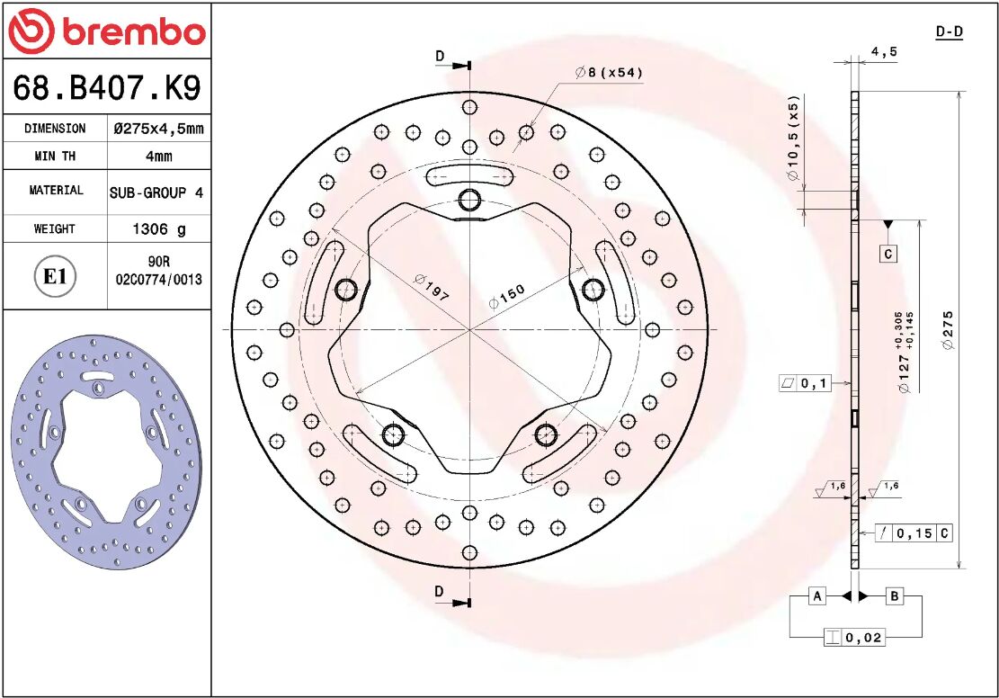 BREMBO BRAKE ROTOR FIXED SERIE ORO 68B407K9