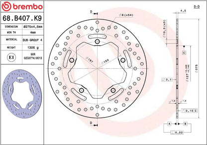 BREMBO BRAKE ROTOR FIXED SERIE ORO 68B407K9